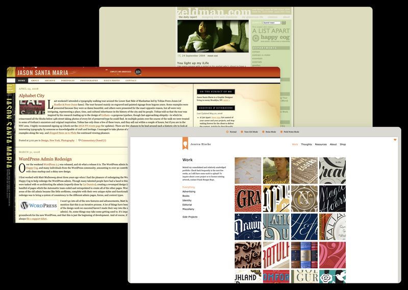 The websites of Jeffrey Zeldman (2004), Jason Santa Maria (2008), and Jessica Hische (2012).
